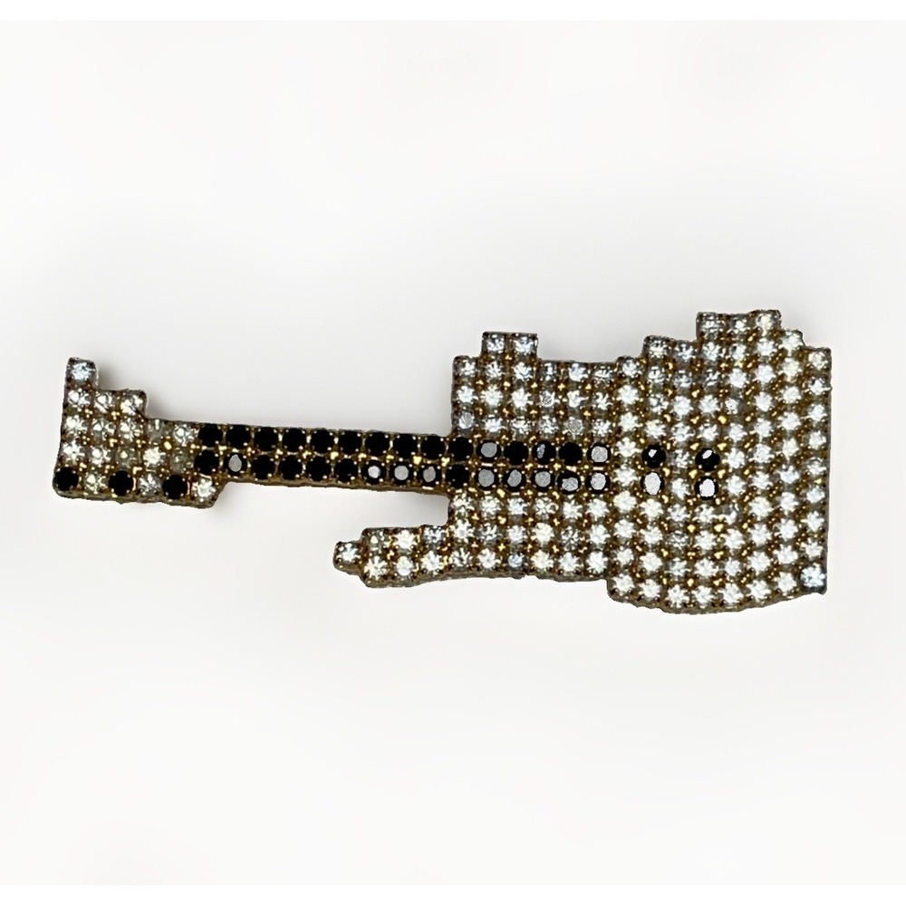Vintage Signed Dorothy Bauer Guitar Pin White & Black Rhinestone Brooch Sparkle